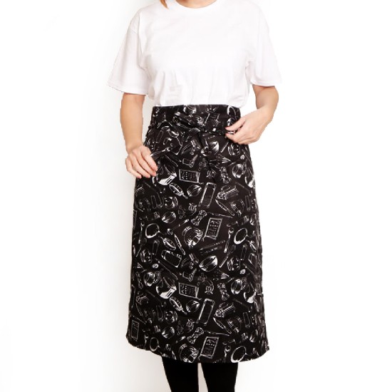 Polyester half-length apron single pocket black white tableware illustration