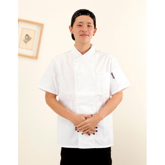 白色短袖斜領雙排扣廚師服
